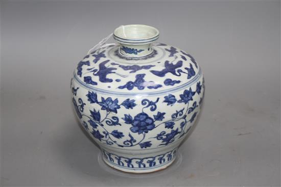 A Chinese blue and white bulbous vase, Ming, with restored rim, height 19cm